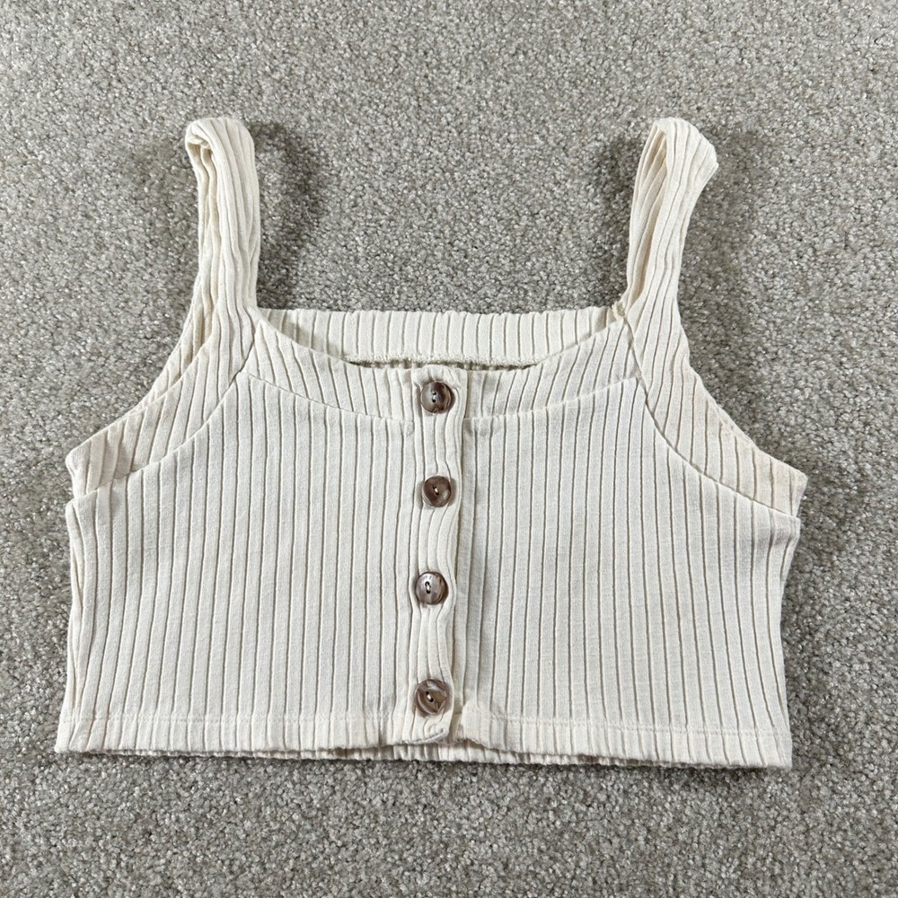 For Days Ribbed Crop Tank Top Cream Button Front Organic Cotton Blend Large